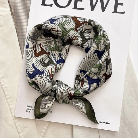 Women Mulberry Satin Square Scarf Elegant Horse Print Small Neck Kerchief Vintage French Style Hair Band