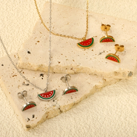 Watermelon Pendant Necklace And Stud Earrings Stainless Steel Enamel Fruit Summer Theme Sweet Style For Women