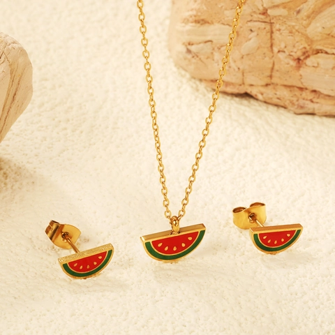 Watermelon Pendant Necklace And Stud Earrings Stainless Steel Enamel Fruit Summer Theme Sweet Style For Women