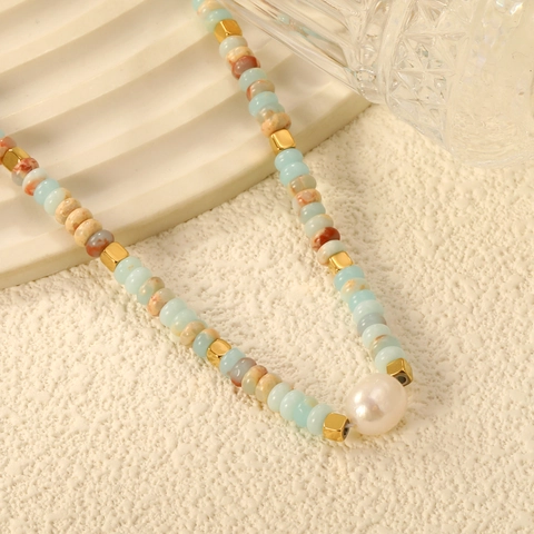Bohemian Edelstahl Halskette Gold Vergoldet Mit Bunten Steinperlen Und Großer Weißer Perle Für Damen Elegante Choker Kette