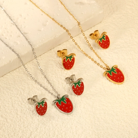 Stainless Steel Fruit Necklace Stud Earrings Red Enamel Strawberry Cherry Pendant Gold Silver Plated Sweet Jewelry For Women
