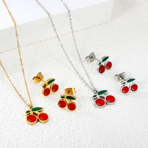 18K Vergoldet Edelstahl Kirsche Anhänger Halskette Ohrstecker Creolen Armband Damen Rot Grün Emaille Frucht Mode Schmuck