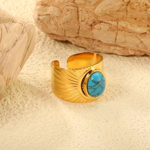 Bohemian Retro Open Rings 18K Gold Plated Stainless Steel Adjustable Vintage Turquoise Tiger Eye Stone Jewelry For Women