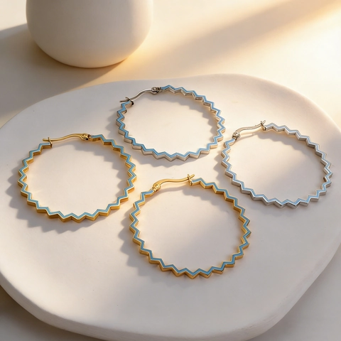 Hoop Ohrringe Edelstahl Zickzack Wellenrand Hellblau Emaille Geometrisch Minimalistisch Modeschmuck Für Damen