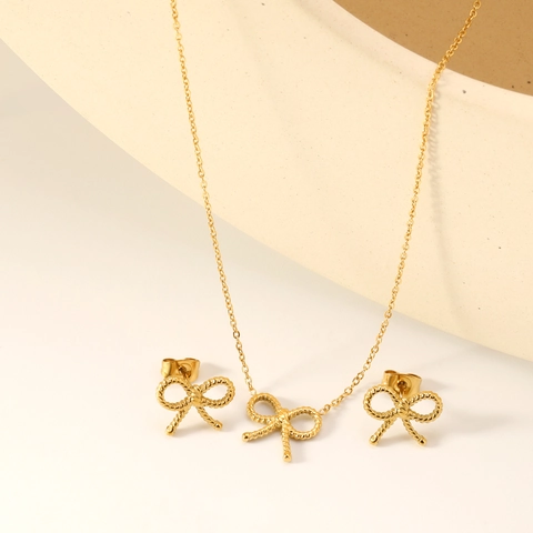 Gioielli In Acciaio Inossidabile Collana Orecchini Minimalista Fiocco Battito Cardiaco Cuore Trama Corda Dolce Elegante Accessori Donna