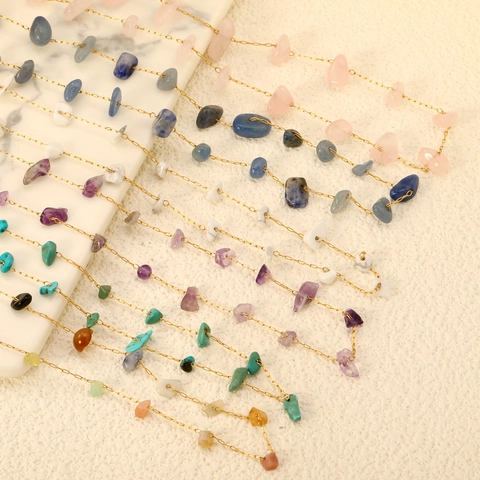 Bohemian Stainless Steel Chip Stone Necklace For Women Gold Plated Natural Amethyst Rose Quartz Turquoise Jewelry Gift