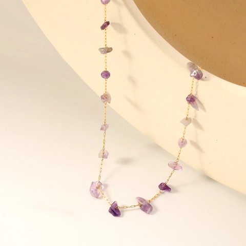 Bohemian Stainless Steel Chip Stone Necklace For Women Gold Plated Natural Amethyst Rose Quartz Turquoise Jewelry Gift