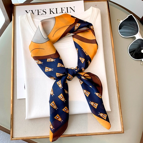 Women Faux Satin Square Scarf Equestrian Horse Print Satin Hair Band Neck Kerchief Elegant Vintage Contrast Color