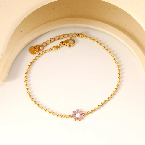 Bracciale Con Pendente A Fiore Acciaio Inossidabile Placcato Oro Catena A Sfere Regolabile Margherita Smalto Gioielli Da Donna