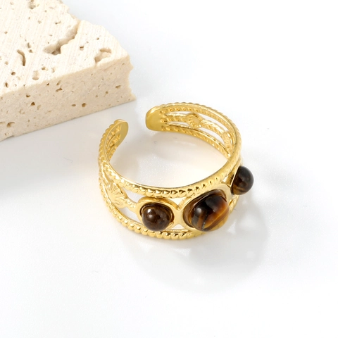 Vintage Tigerauge Stein Offener Ring Gold Vergoldeter Edelstahl Geflochtene Spiraltextur Verstellbarer Schmuck Damen