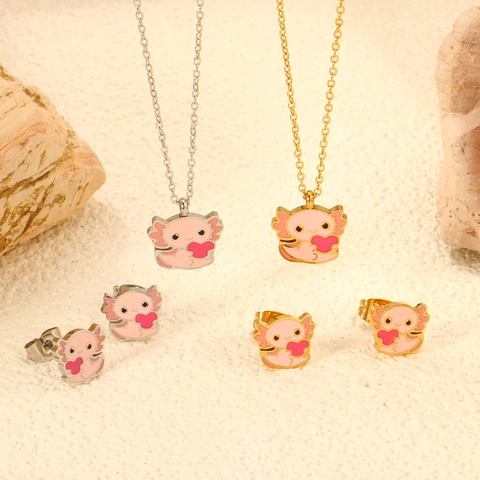 Cute Pink Axolotl Heart Stainless Steel Jewelry Set For Women Girls Enamel Little Monster Pendant Necklace Stud Earrings Gift