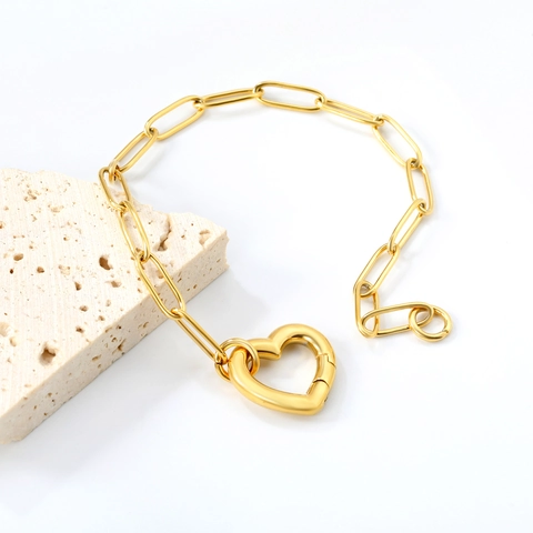 Heart Clasp Paperclip Chain Bracelet Stainless Steel 18K Gold Plated Double Layer Minimalist Ins Style Jewelry Women