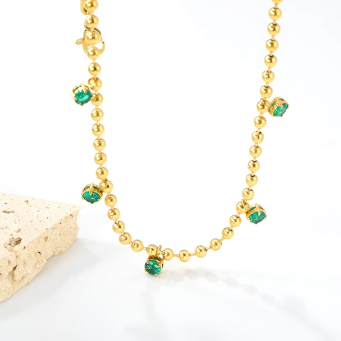 Emerald Green Zircon Pendant Necklace 18K Gold Plated Stainless Steel Round Bead Chain Vintage Jewelry For Women