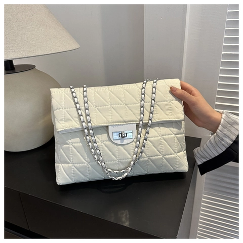 Borsa Tote Trapuntata Donna Grande Capacità in Tessuto Oxford Pelle Sintetica Catena Borsa a Tracolla Serratura in Metallo Borsa a Mano