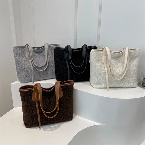 Sherpa Fleece Tote Bag Voor Dames Grote Capaciteit Pluche Schoudertas Met Handgreep Van Kunstleer Casual Wintermode