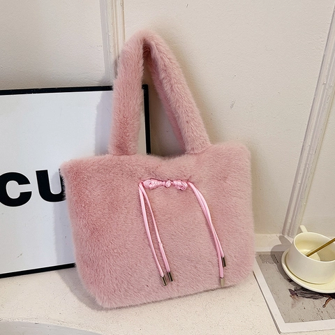 Damen Plüsch Kunstfell Tote Bag Große Kapazität Schulter Handtasche Mit Schleife Kordelzug Warm Winter Süß Elegant