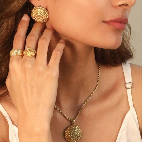 Women Stainless Steel Gold Plated Jewelry Set Textured Round Dome Scale Pattern Necklace And Stud Earrings Ins Style Accessories