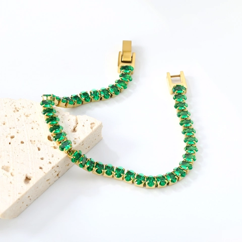 Tennis Bracelet Stainless Steel Emerald Green Zircon Oval Cut Gold Plated French Vintage Luxury Jewelry For Women