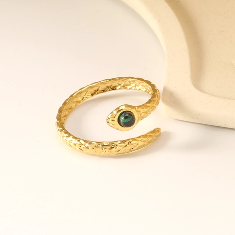 Schlangenform Offener Ring Edelstahl 18K Vergoldet Grüner Malachit Textur Verstellbarer Tierschmuck Für Damen