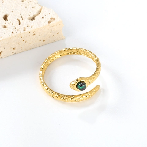 Schlangenform Offener Ring Edelstahl 18K Vergoldet Grüner Malachit Textur Verstellbarer Tierschmuck Für Damen