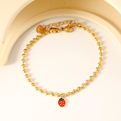 Stainless Steel Gold Plated Beaded Bracelet With Enamel Ladybug Pendant Cute Fashion Jewelry For Women Girls Gift