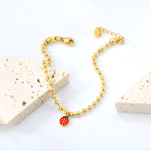 Stainless Steel Gold Plated Beaded Bracelet With Enamel Ladybug Pendant Cute Fashion Jewelry For Women Girls Gift