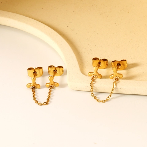 Edelstahl Vergoldet Doppelpiercing Verbundene Ohrstecker Mit Kette Kleeblatt Geometrisch Minimalistisch Für Damen