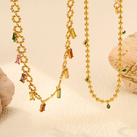 Collana In Acciaio Inossidabile Placcata Oro 18K Da Donna Con Pendenti In Zircone Colorato Forma Pera E Rettangolo