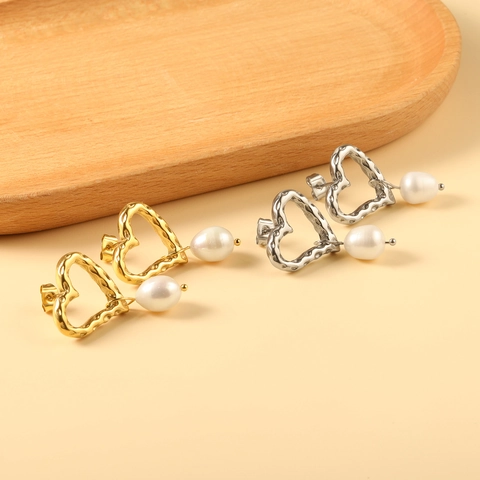 Orecchini a Cuore Vintage Francese con Perle Acciaio Inossidabile Placcato Oro Texture Martellata Pendenti Donna Gioielli