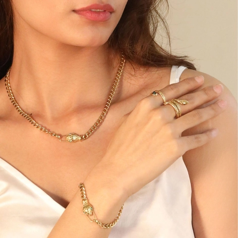 Snake Head Necklace And Bracelet Stainless Steel 18K Gold Plated Green Zircon Eyes Curb Chain Retro Luxury Jewelry Women