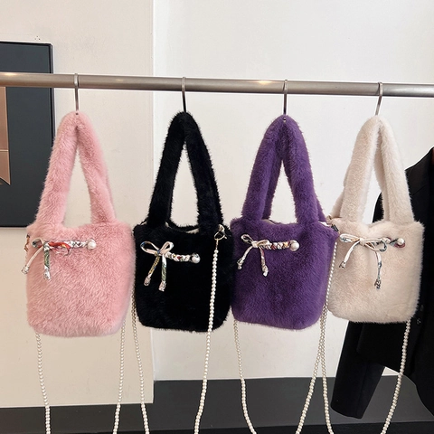 Women Plush Faux Fur Bucket Bag With Artificial Pearl Chain Strap Elegant Satin Bow Decoration Crossbody Shoulder Handbag Winter