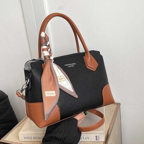 Modieuze Dames PU-Leren Tote Bag Litchi Korrel Patchwork Handtas Met Decoratieve Satijnen Sjaal Grote Capaciteit Crossbody Tas