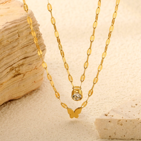 Collar Colgante Corazón Mariposa Sonrisa Acero Inoxidable Circón Chapado Oro Plata Elegante Moda Joyería Mujer