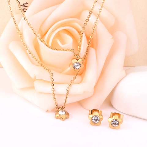 Conjunto De Joyas De Flores De Acero Inoxidable Con Circonita Collar Brillante Y Pendientes Para Mujer Estilo Dulce