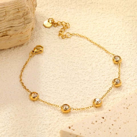 Station Bracelet Gold Plated Stainless Steel With Round Yellow Cubic Zirconia Bezel Set Adjustable Chain Jewelry For Women