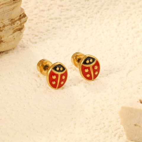Pendientes De Botón De Mariquita Acero Inoxidable Esmalte Chapado En Oro De 18K Joyas De Animales Para Mujeres
