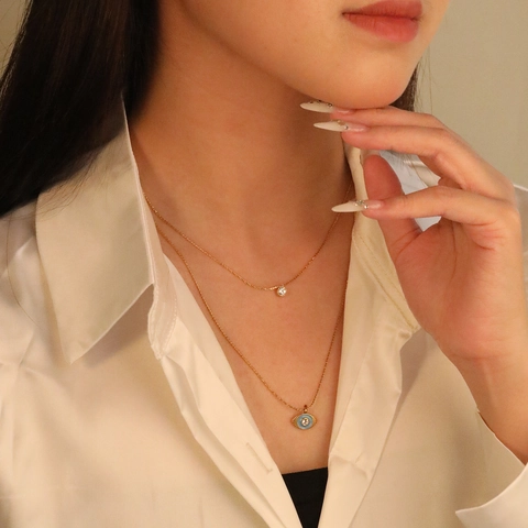 Collana A Doppio Strato In Acciaio Inossidabile Pendente Occhio Del Diavolo Zircone Tondo Catena Clavicicola Per Donna