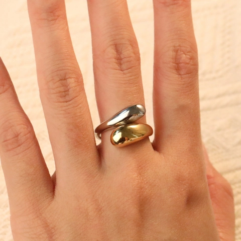 Snake Water Drop Asymmetric Two Tone Gold Silver Stainless Steel Open Ring Adjustable Fashion Jewelry For Women