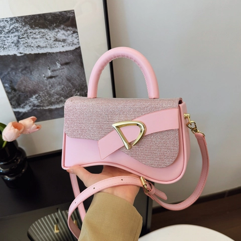 Women Chic Curved Bottom Crossbody Bag PU Leather Glitter Splicing Top Handle Handbag Fashion Shoulder Bag D-Buckle