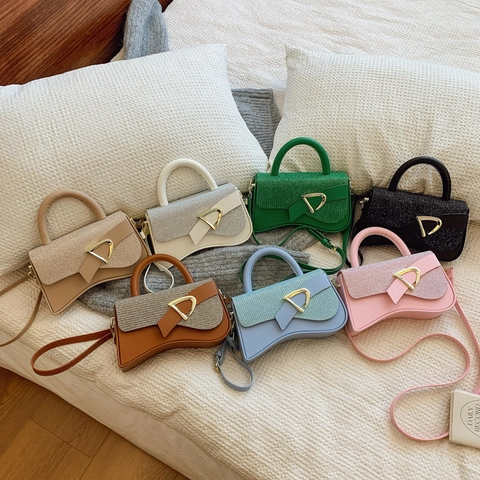Women Chic Curved Bottom Crossbody Bag PU Leather Glitter Splicing Top Handle Handbag Fashion Shoulder Bag D-Buckle