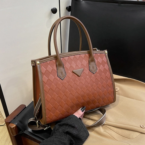 Borsa A Mano Retro Trapuntata A Rombi Per Donna Pelle PU Colore A Contrasto Tote Con Tracolla Larga In Tessuto