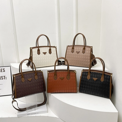 Borsa A Mano Retro Trapuntata A Rombi Per Donna Pelle PU Colore A Contrasto Tote Con Tracolla Larga In Tessuto