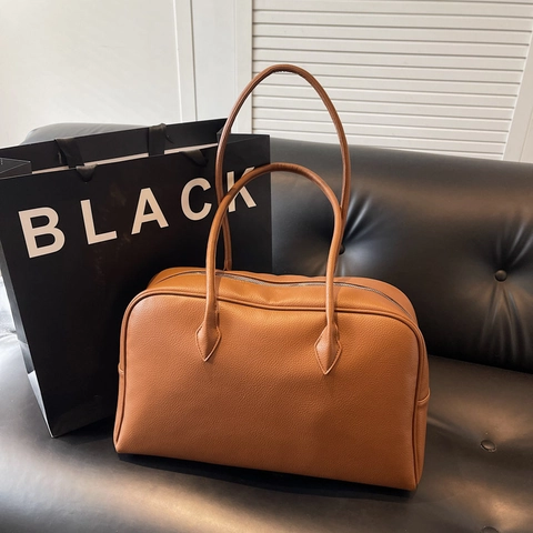 Minimalistische Schoudertas Grote Capaciteit Voor Dames PU Leer Litchi Textuur Boston Tote Met Lang Handvat Retro Dagelijks