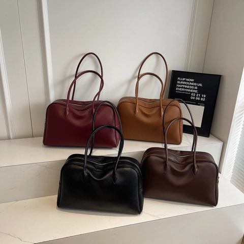 Minimalistische Schoudertas Grote Capaciteit Voor Dames PU Leer Litchi Textuur Boston Tote Met Lang Handvat Retro Dagelijks