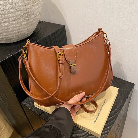 Damen Vintage PU Leder Hobo Achseltasche Einfarbig Minimalistisch Schulter Umhängetasche Mit Metallschnalle Mode Accessoire