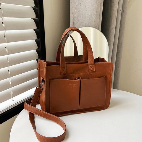 Women Retro PU Leder Tote Bag Große Kapazität Fronttasche Handtasche Umhängetasche Mit Abnehmbarem Schultergurt Vintage