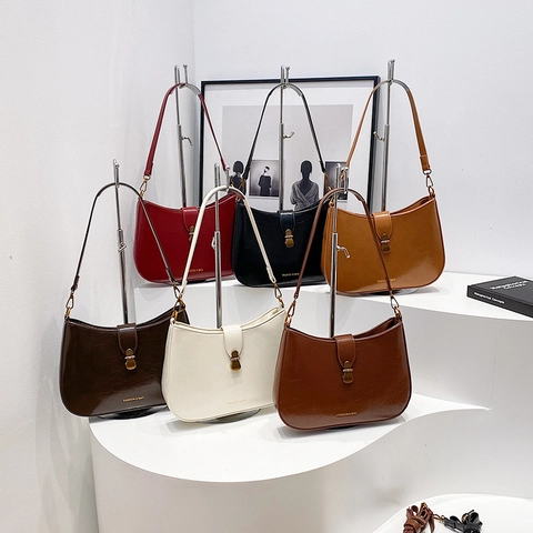 Damen Vintage PU Leder Hobo Achseltasche Einfarbig Minimalistisch Schulter Umhängetasche Mit Metallschnalle Mode Accessoire