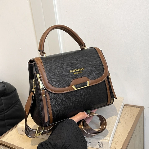 Women's Fashion Lychee Texture PU Leather Crossbody Bag Contrast Color Handbag With Wide Strap Gold Hardware Commute Purse