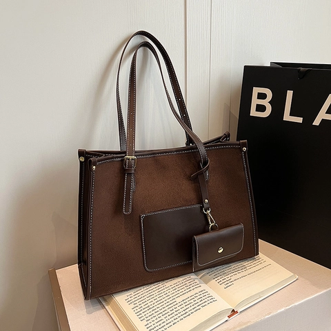 Women Large Capacity Tote Bag Splicing PU Faux Suede Shoulder Bag With Coin Purse Fashion Commuting Handbag For Daily