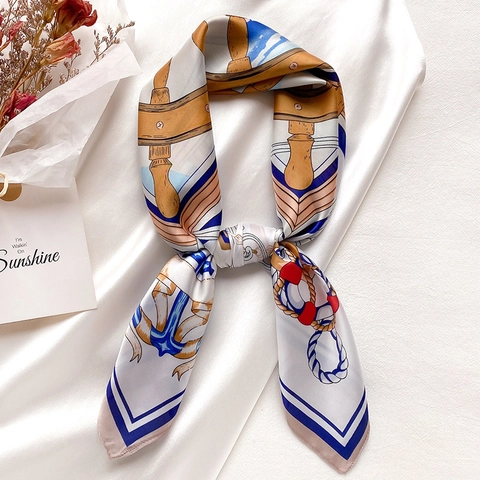Women Square Scarf Satin Satin Like Nautical Print Anchor Rudder Pattern Fashion Neck Tie Head Wrap Elegant Accessory